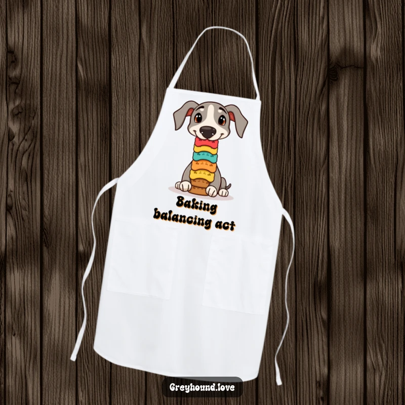 Funny greyhound biscuit balance apron, adorned with a talented dog balancing biscuits for kitchen flair.