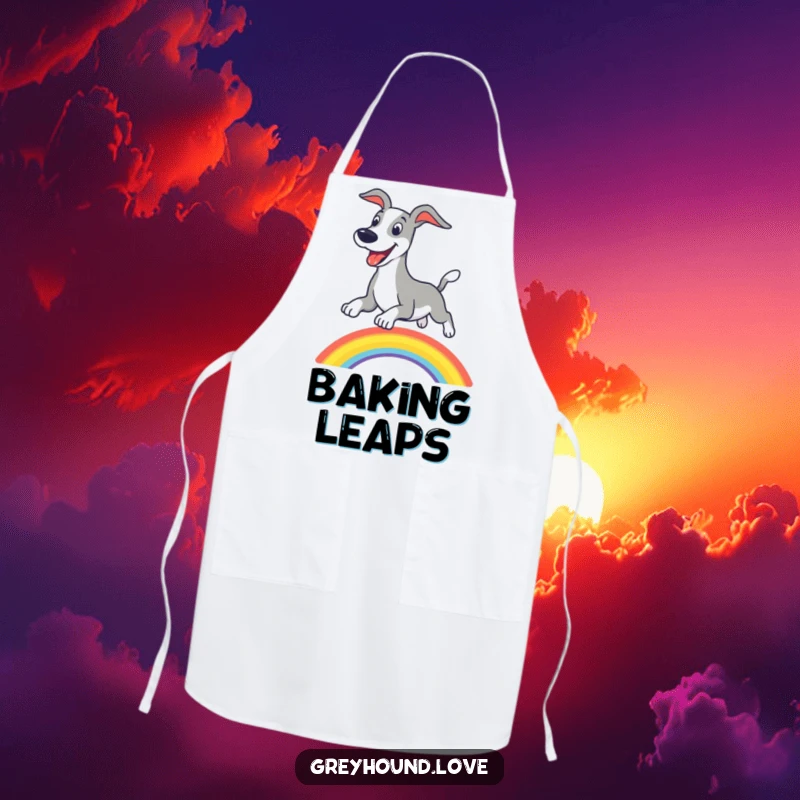 Funny greyhound rainbow apron, adorned with a happy dog leaping over a colorful arc for kitchen joy.