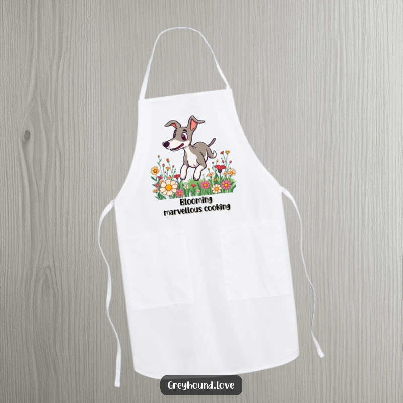Funny apron design of a greyhound with a surprised look, tumbling through a field of flowers, bringing kitchen humor.