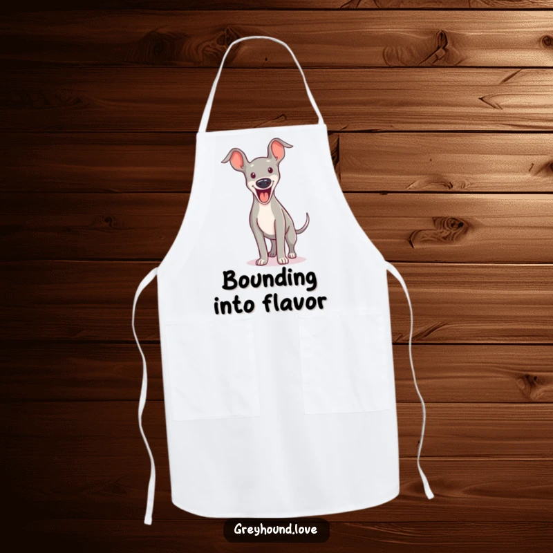 Funny APRON: A greyhound is mid-bound with an excited yip, adding humor and protection to your cooking adventures.