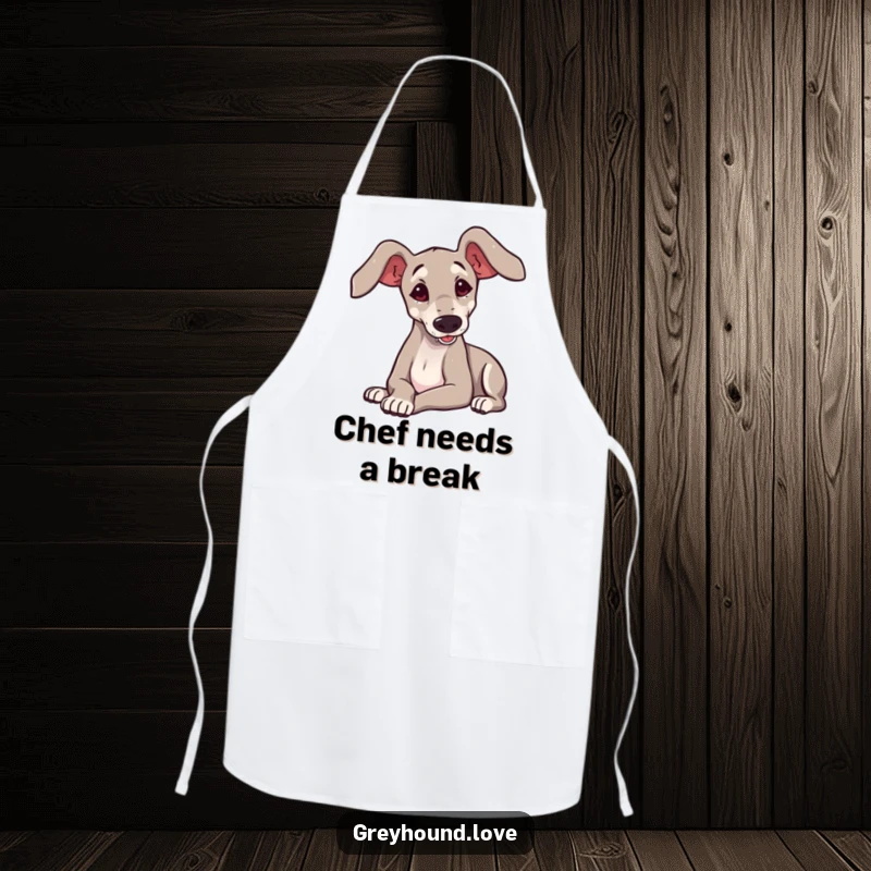 Funny greyhound character with big ears flopping playfully, illustrated on a practical apron for kitchen use.