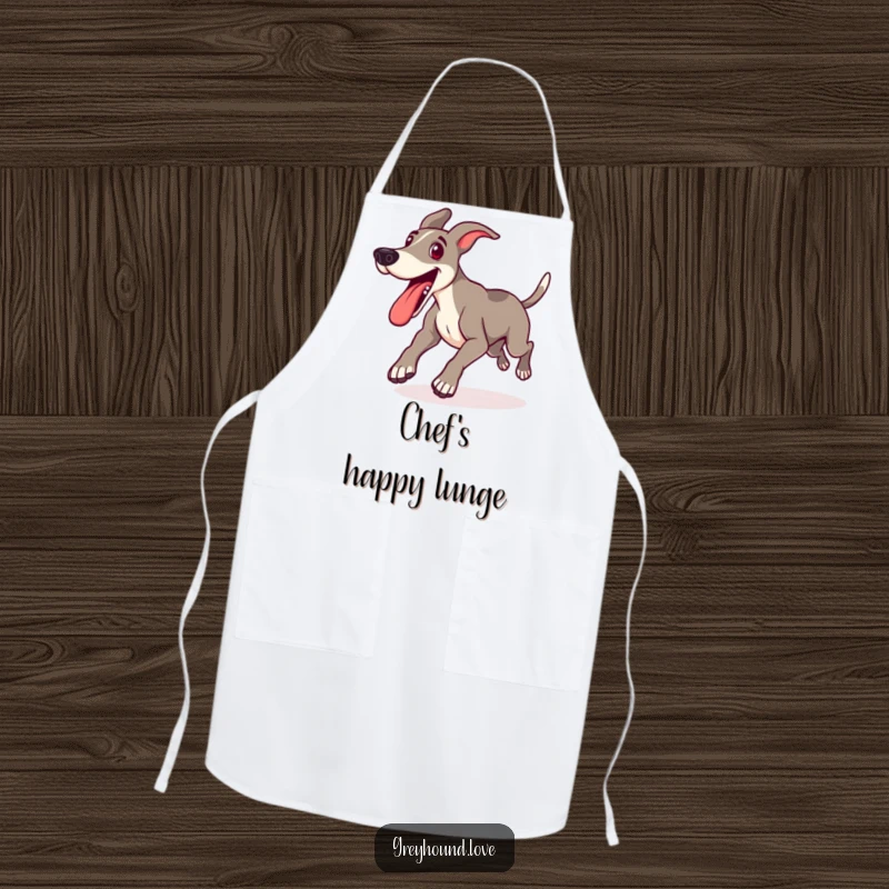 Funny apron featuring a happy greyhound lunging forward with its tongue out, perfect for adding playful charm to kitchen tasks.