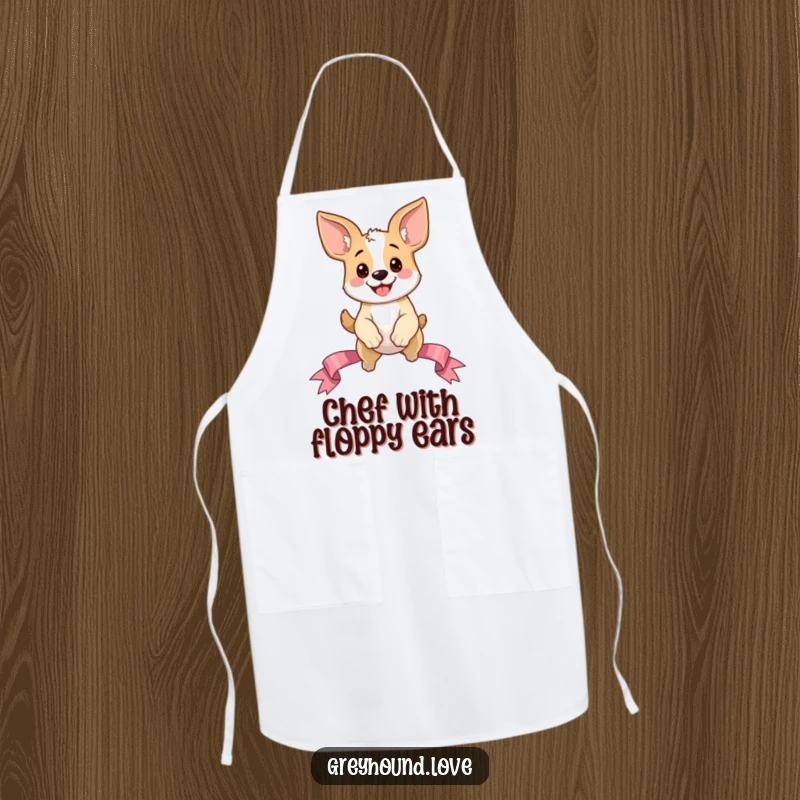 Funny Dog Apron: Happy oversized ear dog character in a dynamic leap over a ribbon, ready to add fun to any culinary adventure.