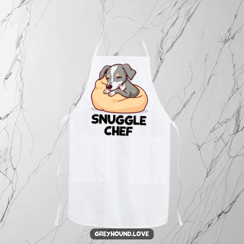 Cozy greyhound apron, snuggling comfortably in a soft blanket, relaxed and humorous kitchen wear, perfect funny gift for bakers.