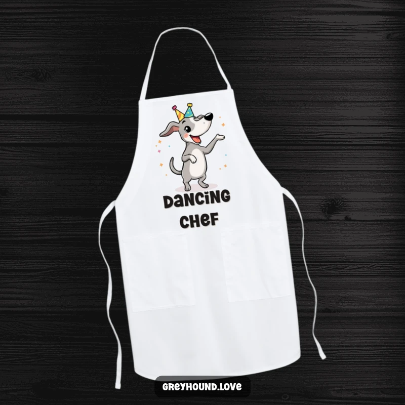 Funny Apron: A greyhound in a party hat happily does a silly, funny dance, ready for any kitchen celebration.