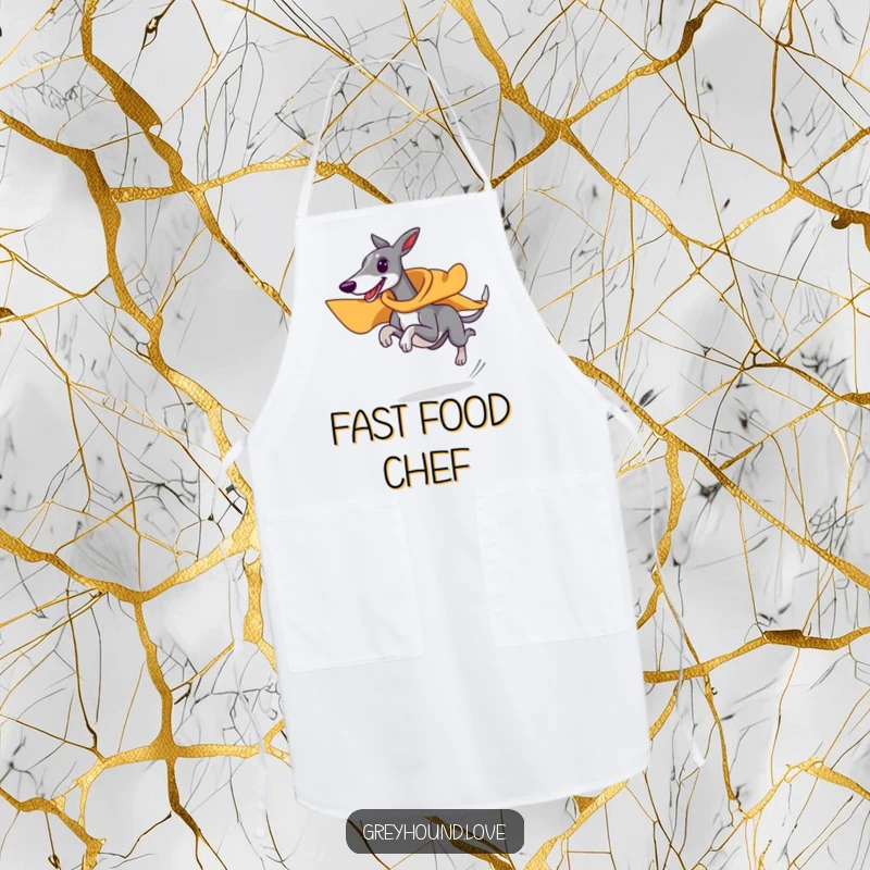 Funny superhero greyhound apron, wearing tiny cape, running at top speed, fast and humorous kitchen wear, perfect funny gift.