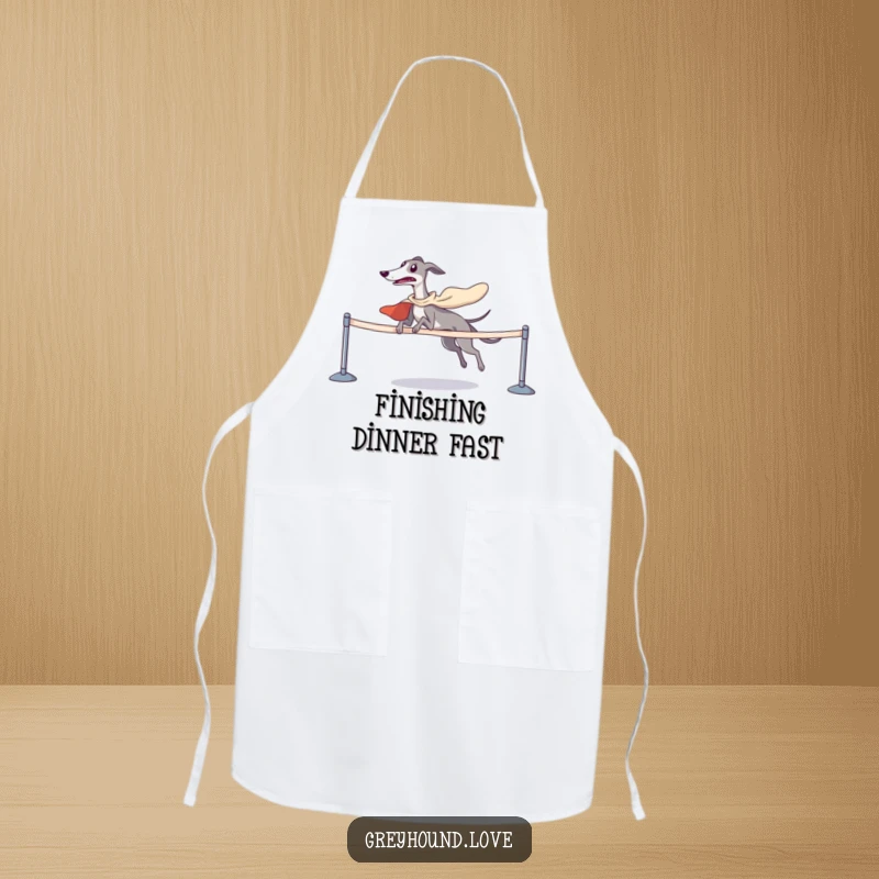 Funny greyhound in a superhero cape crossing a finish line, printed on a chef's apron for kitchen fun.
