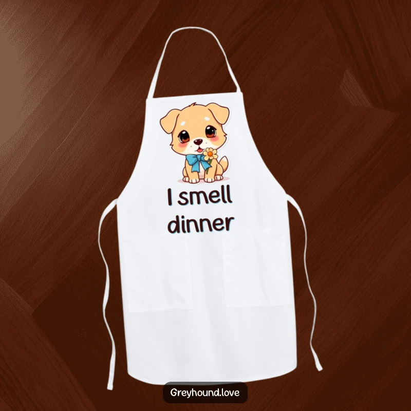 Funny Dog Apron: A dog with a bright ribbon collar eagerly sniffing a flower, bringing a sweet and charming vibe to the kitchen.