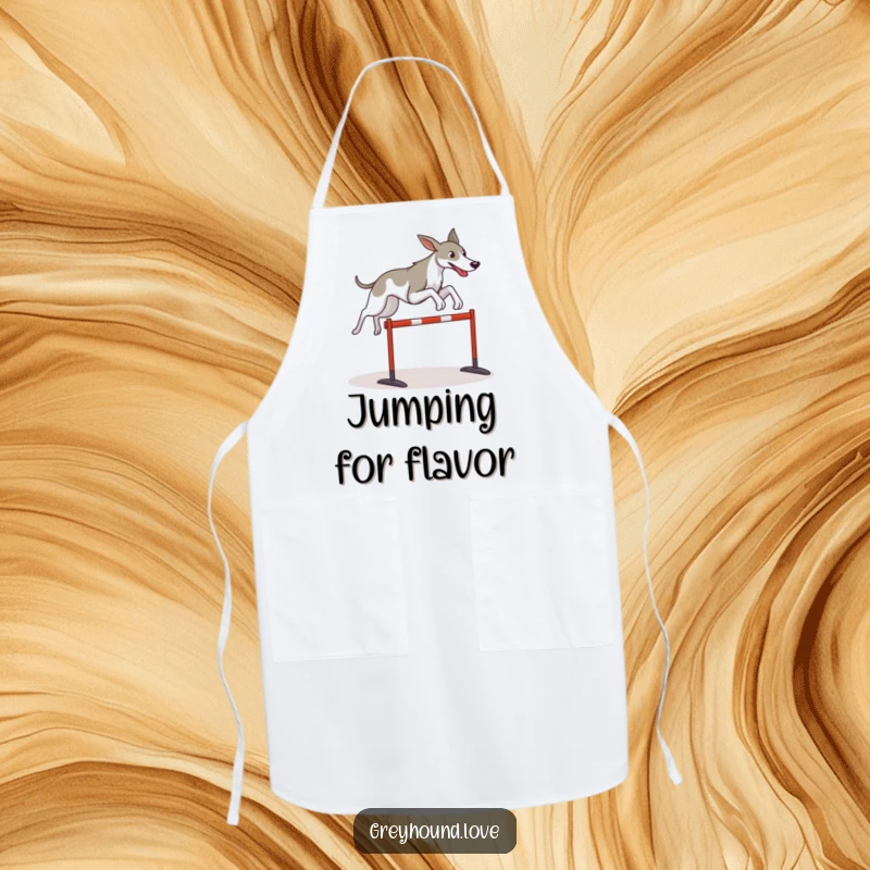 Funny Greyhound apron illustrating a stylized dog leaping over a hurdle, perfect for kitchen motivation and protection.