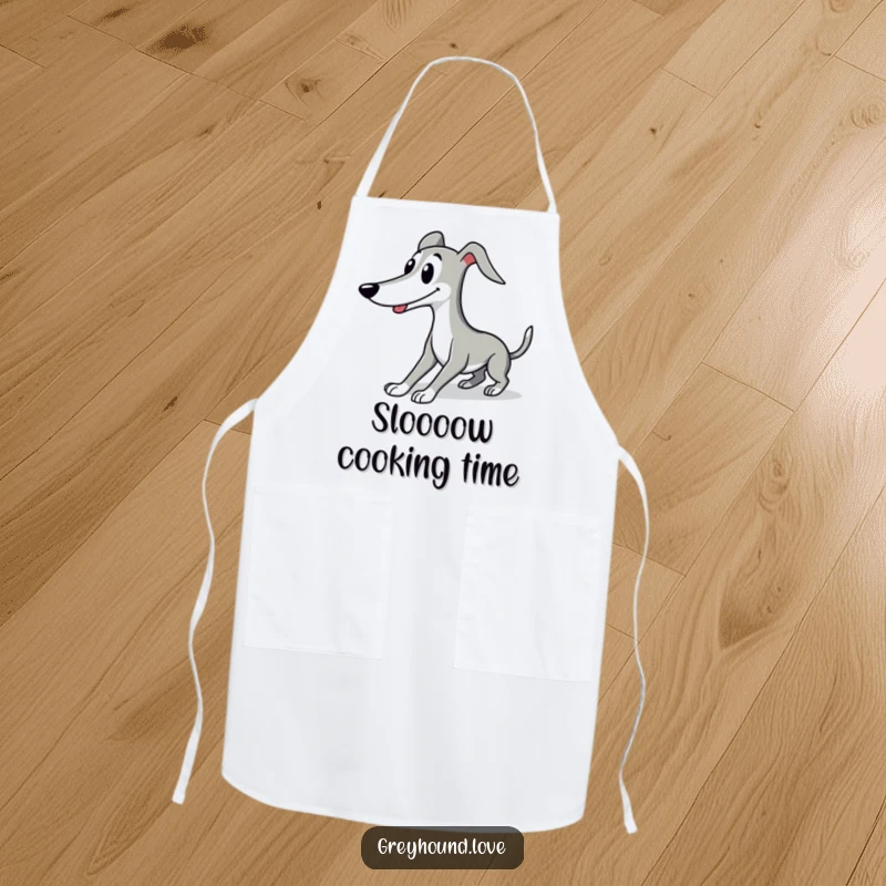 Funny Greyhound apron illustrating a cute character in an elegant, smiling stretch, perfect for stylish kitchen protection.