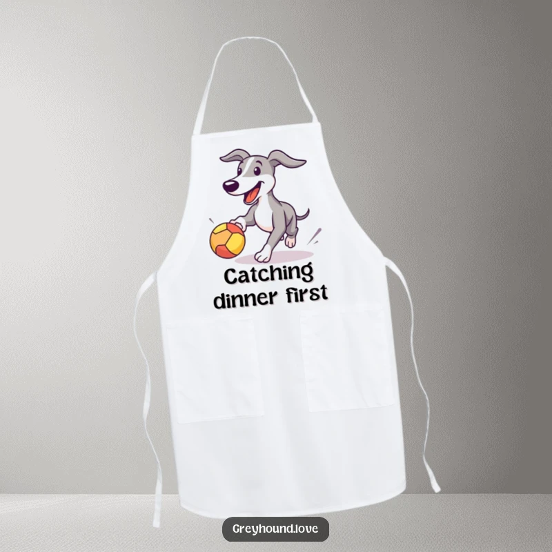 Funny Greyhound apron illustrating a happy dog playfully chasing a ball, perfect for kitchen fun and protection.