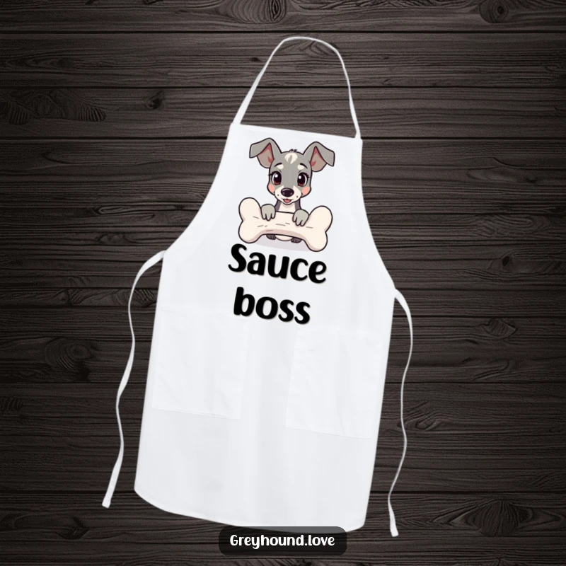 Funny Apron designed with a greyhound playfully peeking from behind a giant bone, perfect for kitchen fun.
