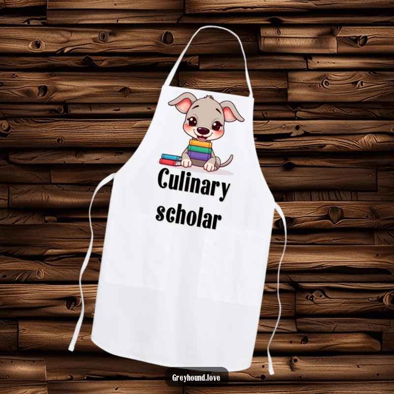 Funny Greyhound Apron: A greyhound balances books on its nose, ready to cook.