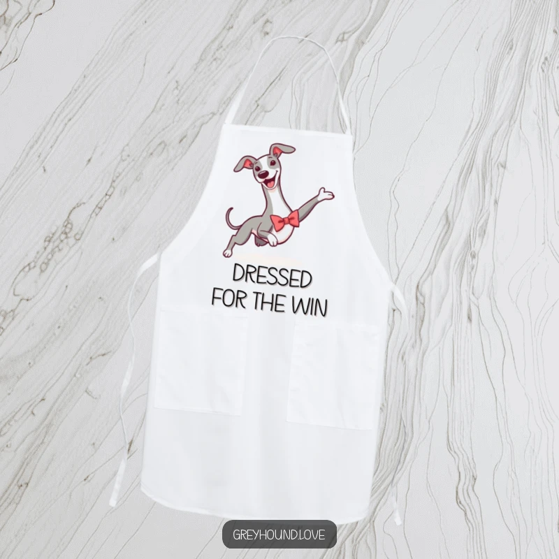 Funny apron featuring a greyhound in a tiny bowtie, executing a triumphant slide, ideal for kitchen adventures and parties.