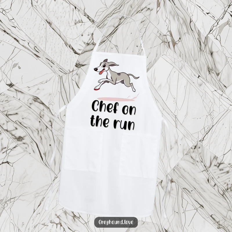 Funny Greyhound Apron showing a determined dog in racing shoes, speeding past a checkered flag, ready for a humorous cooking challenge.