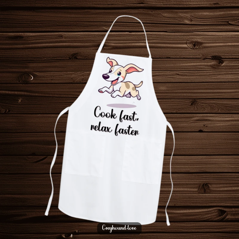 Funny apron designed for kitchen use, featuring a swift greyhound dashing with ears flying and a happy expression.