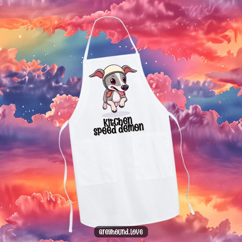 Funny Greyhound Helmet Apron: A cute greyhound wearing a tiny helmet zooms around the kitchen, tongue lolling, ready to cook up a storm.