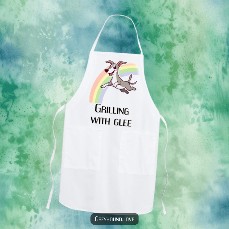 Funny apron showing an excited greyhound character leaping over a rainbow with a happy grin.