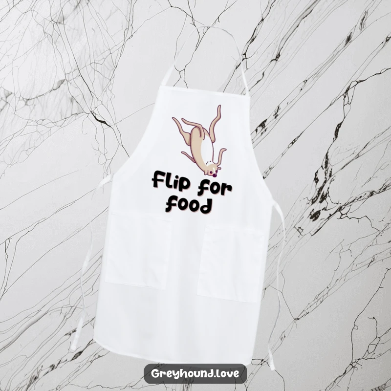 Funny Apron designed with a greyhound performing a silly somersault, perfect for chefs who love fun and movement.