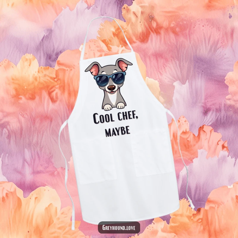 Funny apron showing a greyhound wearing oversized sunglasses and offering a cool wink, ideal for stylish cooking.