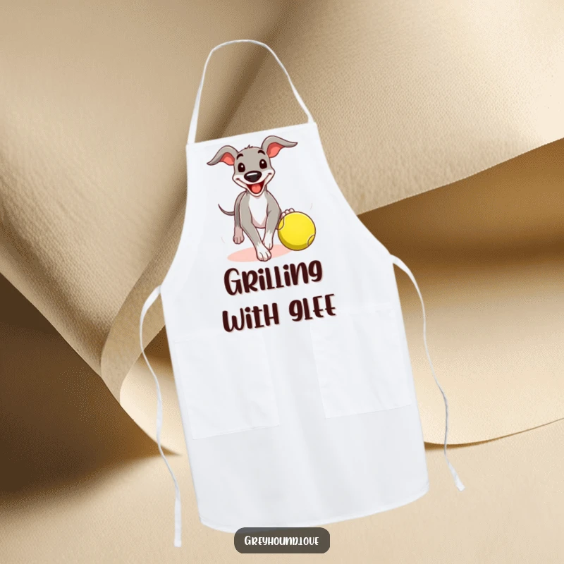 Funny greyhound apron showing a dog with a comical grin chasing a tennis ball, perfect for chefs who cook with fetch enthusiasm.