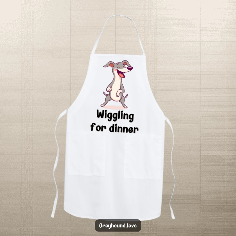 Funny Greyhound Apron showing a greyhound excitedly wiggling its body with pure joy, a comical symbol of happy cooking.