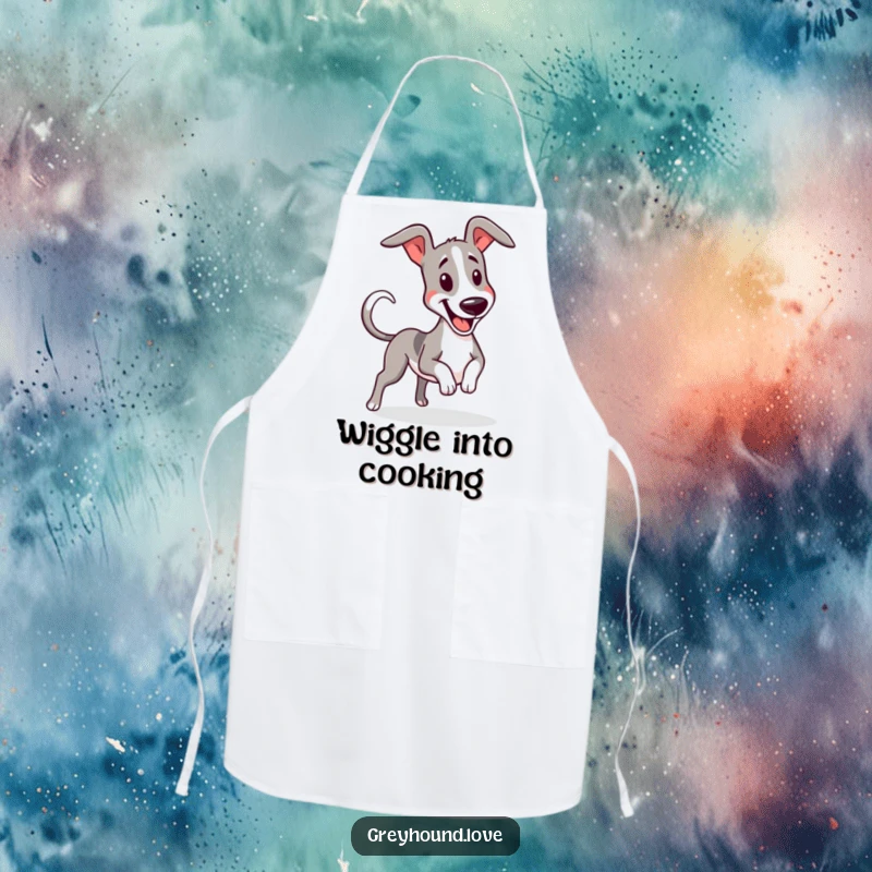 Funny greyhound wiggling with a furiously wagging tail, printed on a chef's apron for kitchen energy.