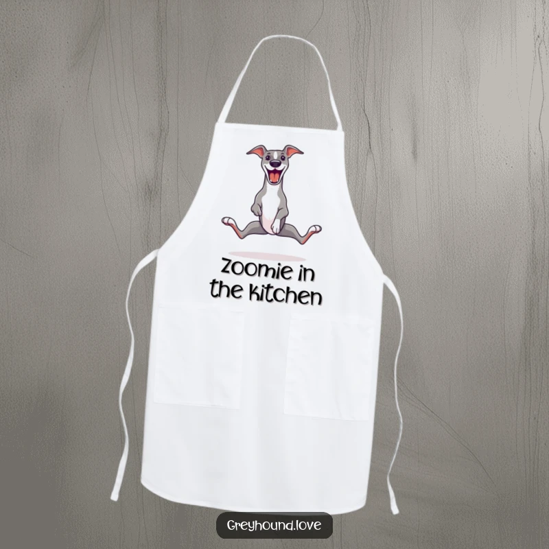 Funny Greyhound Apron featuring a greyhound in a comical zoomie, demonstrating legs splayed wide with pure, uninhibited joy during kitchen adventures.