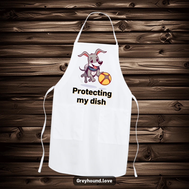 Funny Knight Greyhound Apron: A happy greyhound in comical armor enthusiastically chases a bouncing ball, perfect for kitchen adventures.