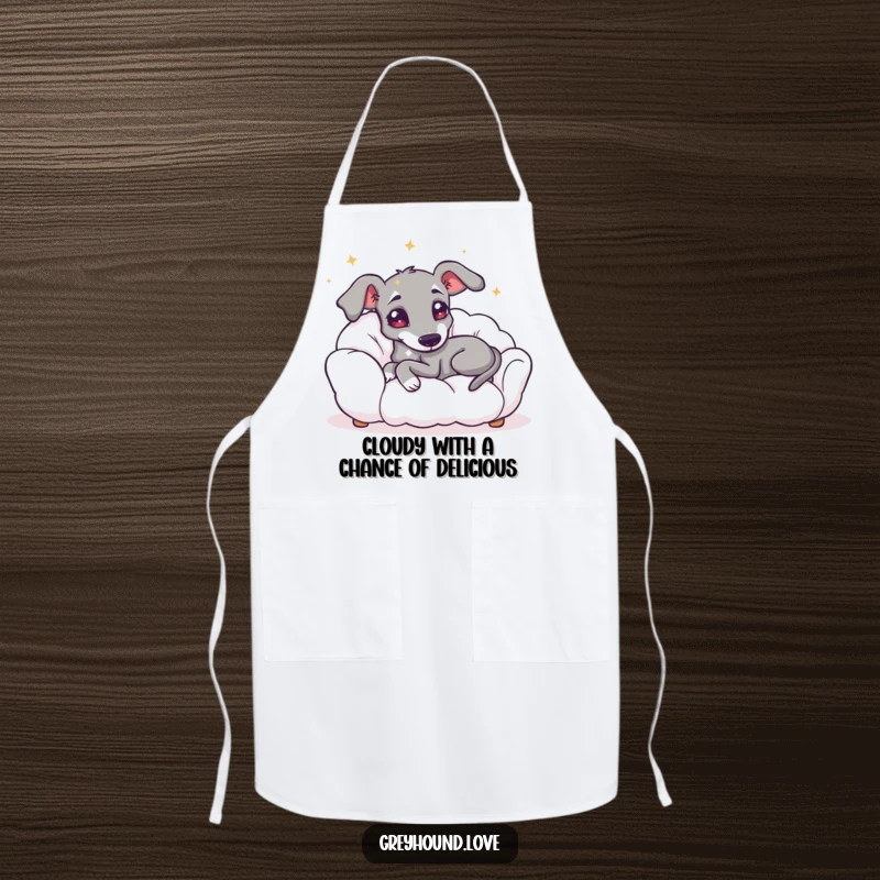 Funny apron design of a greyhound with starry eyes relaxing on a cloud, bringing serene humor to the kitchen.