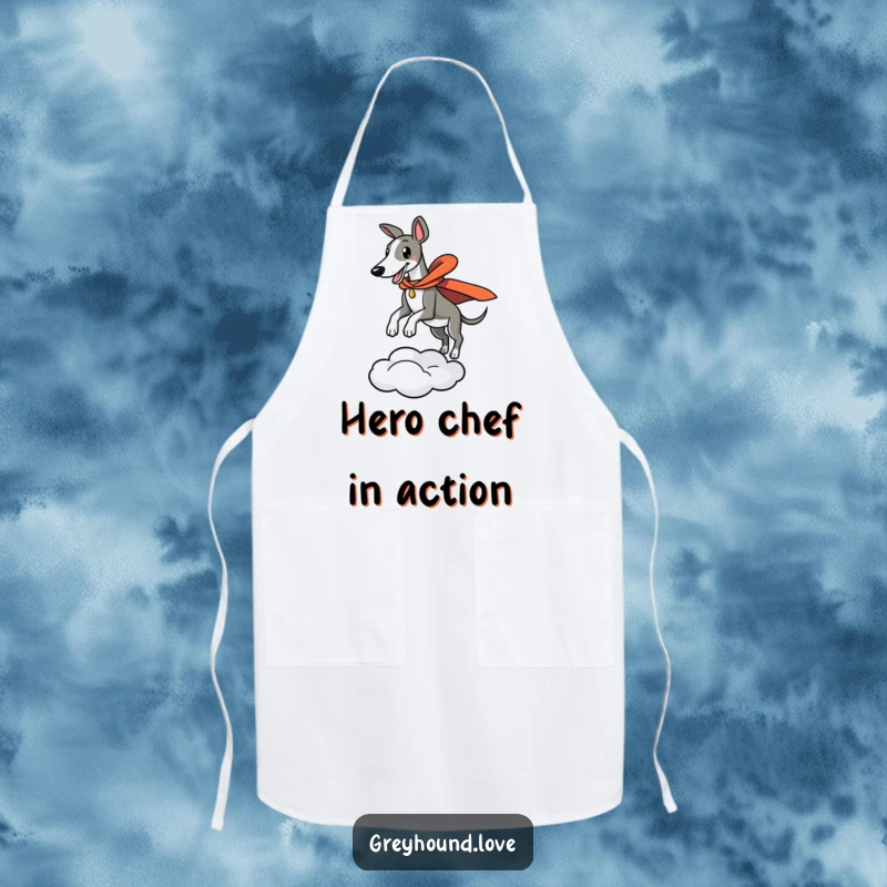 Funny apron design of a greyhound in a cape leaping dramatically from a cloud, ready for kitchen duty with a smile.