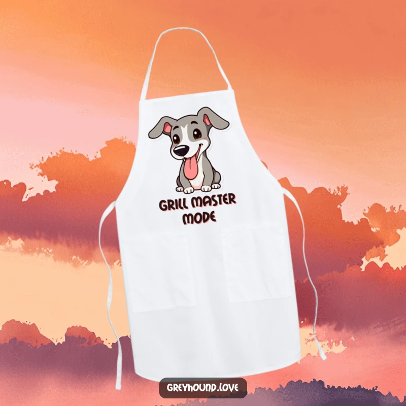 Funny Greyhound Apron: A happy, panting greyhound with a raised floppy ear, ideal for any dog-loving cook.
