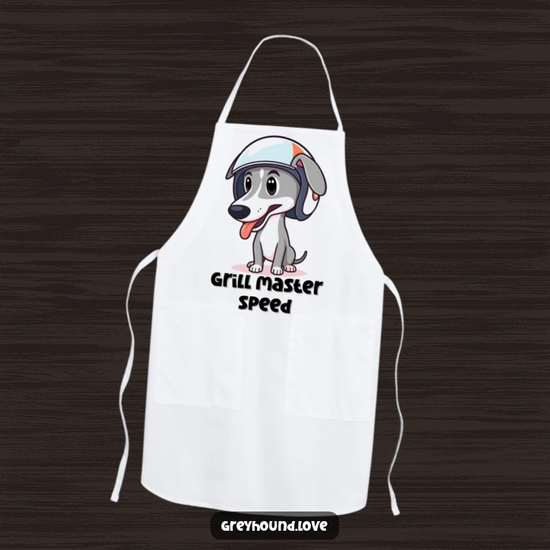 Funny apron showing a greyhound wearing a racing helmet, tongue lolling, ready for culinary challenges.