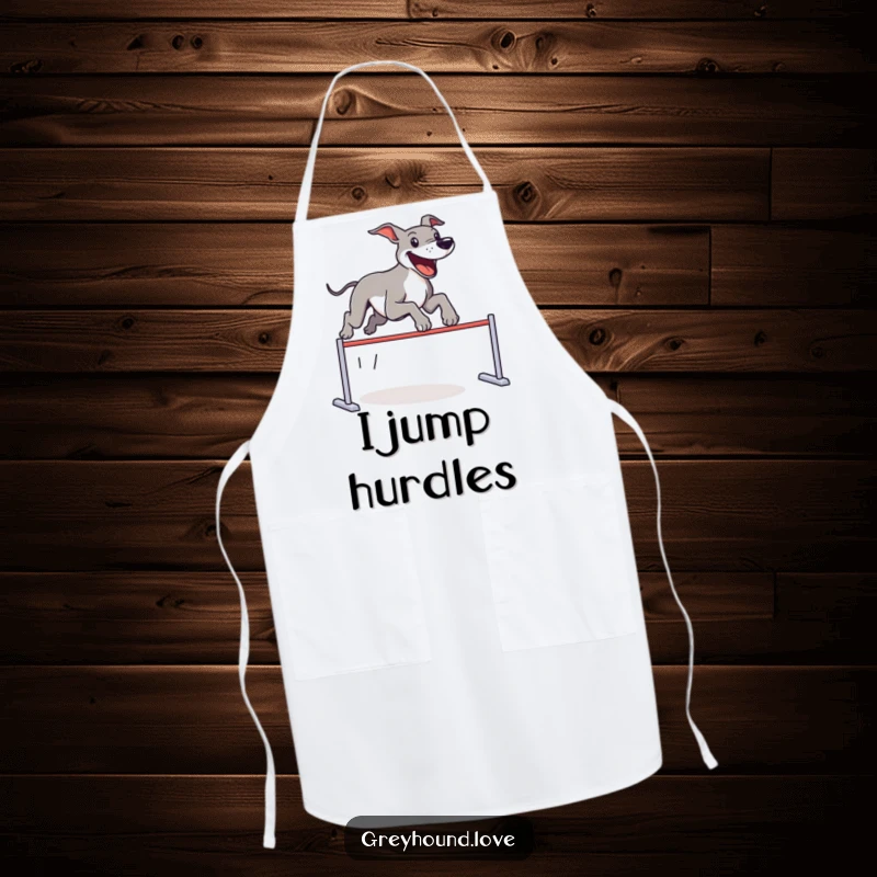 Funny Apron featuring a greyhound gleefully leaping an imaginary hurdle, ideal for kitchen fun and protecting clothes with style.