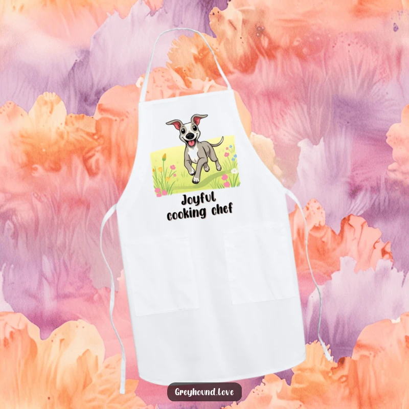 Funny apron featuring a greyhound with a big smile, joyfully running through a field, perfect for a cheerful cook.