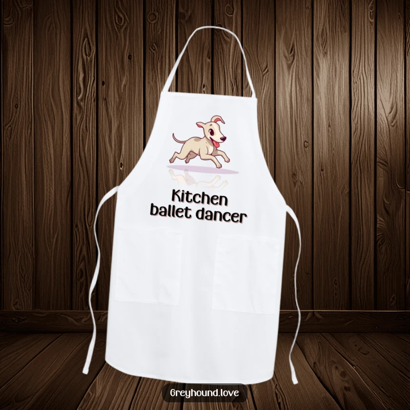 Funny Greyhound Apron: A greyhound slides across a floor with its tongue out, ready to cook.
