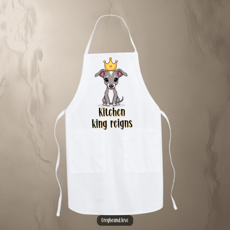 Funny apron featuring a greyhound balancing a small crown, perfect for cooking with a regal and humorous touch.