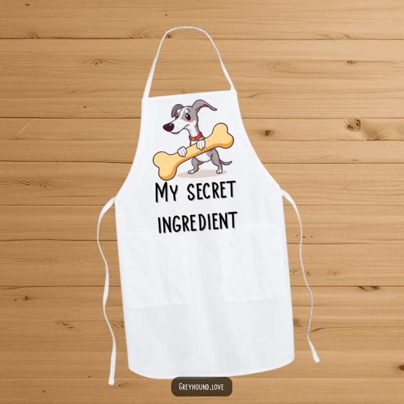 Funny greyhound fetching a giant bone printed on a chef's apron, great for kitchen humor.