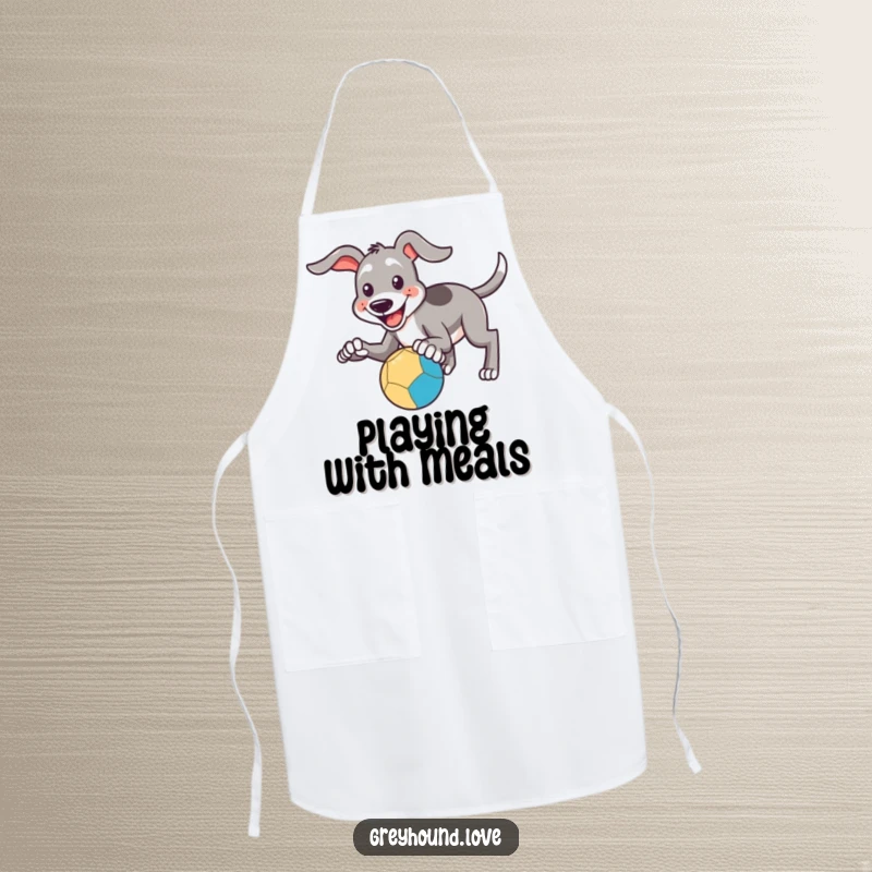 Funny Apron: A smiling greyhound's paws are reaching out to catch a bouncing ball, adding funny determination to cooking.