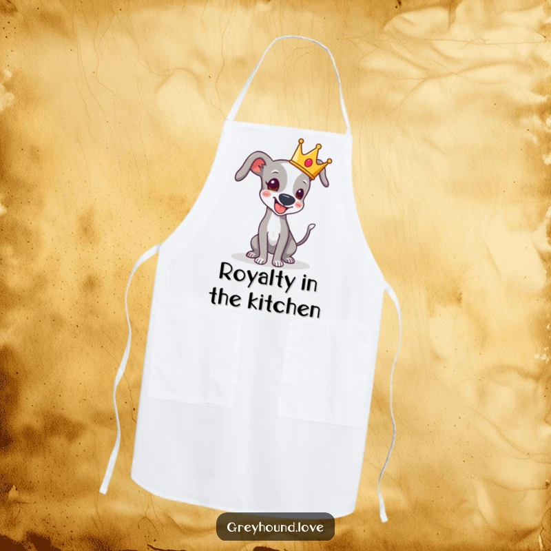 Funny apron design of a greyhound wearing a crown, tail wagging joyfully, bringing regal humor to the kitchen.