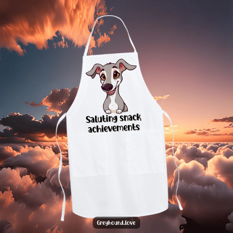 Funny APRON: A greyhound with a goofy expression and floppy ear hilariously salutes, protecting your clothes with humor.