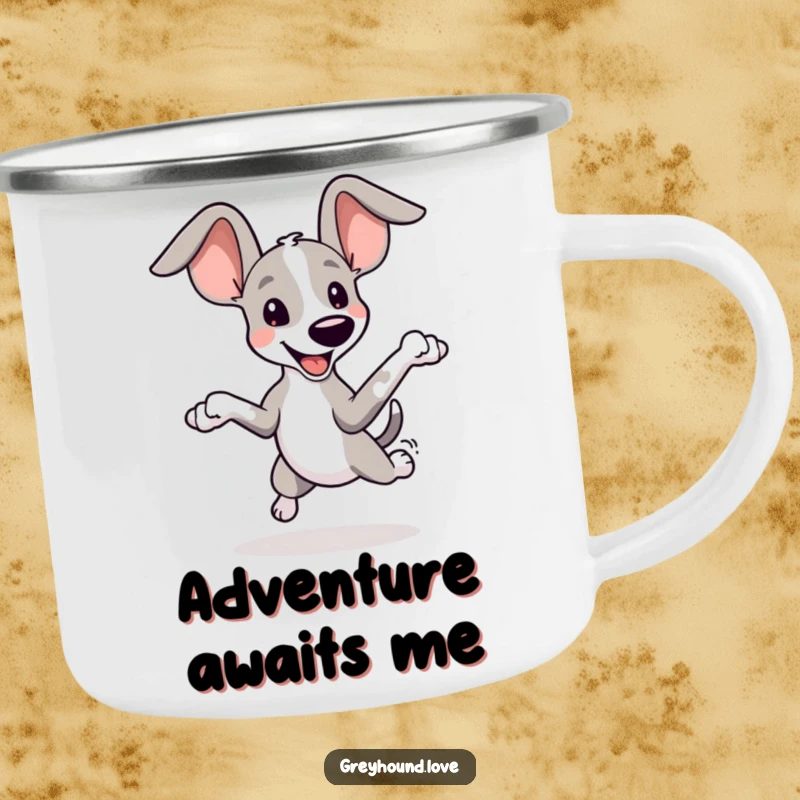 Funny Greyhound Ears Camping Mug: A playful greyhound with oversized ears leaps joyfully, ready for any outdoor adventure.