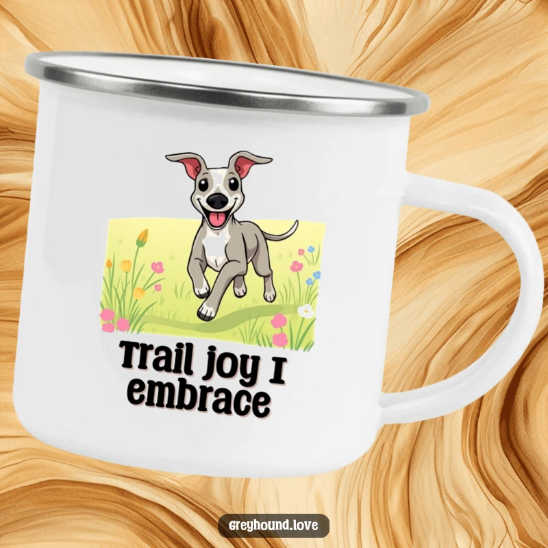 Funny camping mug showing a greyhound with a big smile, joyfully running through a field, ideal for outdoor fun.