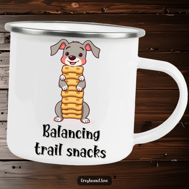 Funny CAMPING MUG: A greyhound balances a stack of dog biscuits, ready for any adventure, adding humor to the outdoors.