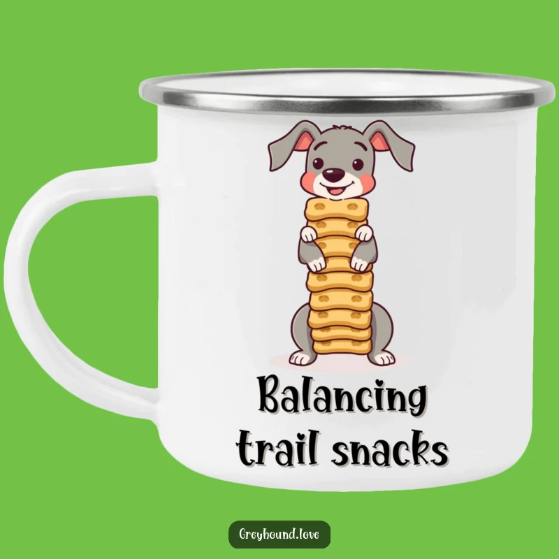 Funny Greyhound Camping Mug: Biscuit Balance Adventure Cup!