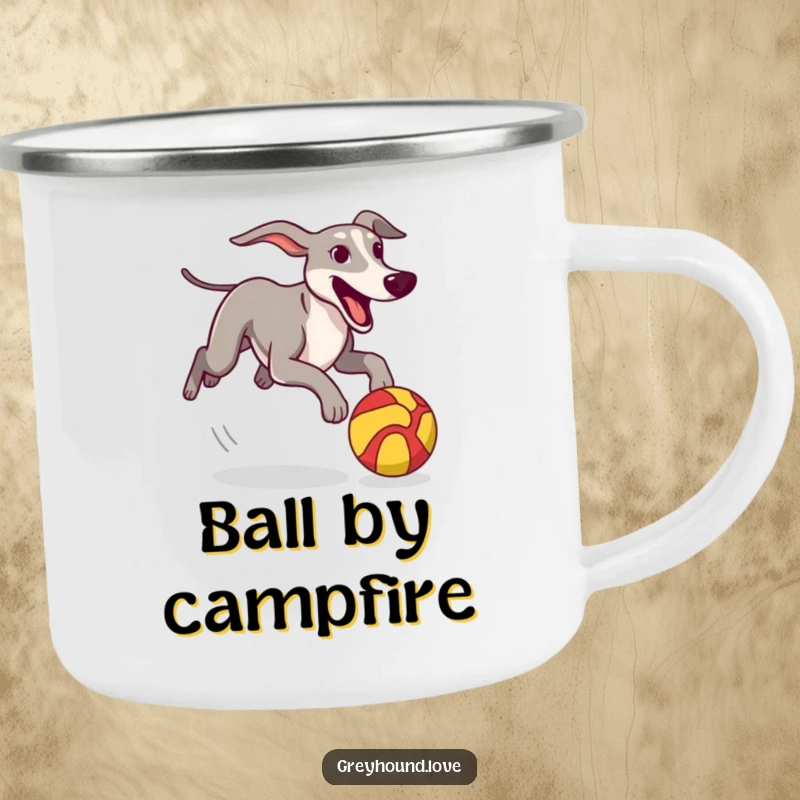 Funny Camping Mug depicting a greyhound energetically chasing a colorful, stylized ball, perfect for outdoor beverages.
