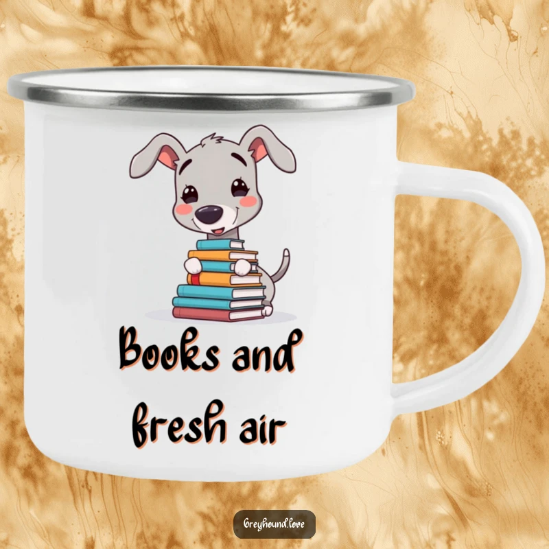Funny camping mug showing a happy greyhound balancing books on its nose, perfect for outdoor enthusiasts with a sense of humor.