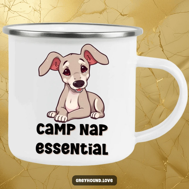 Funny greyhound with big ears playfully flopping on a durable camping mug, perfect for outdoor fun.