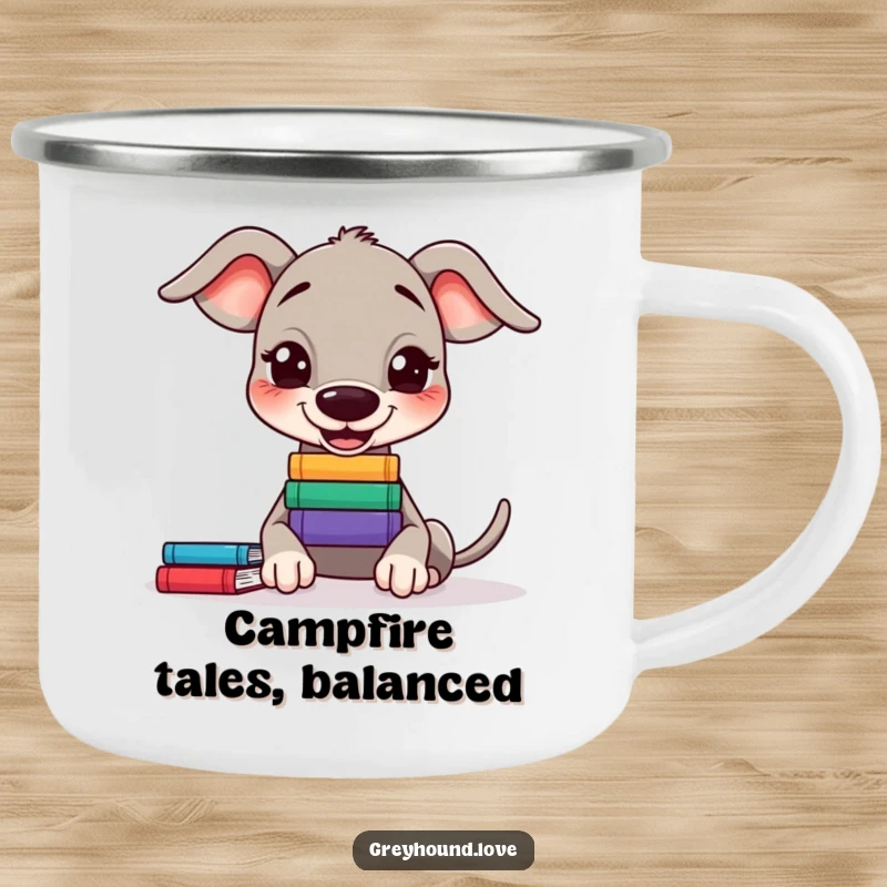 Funny Greyhound Camping Mug: A greyhound balancing books on its nose, ready for anything.