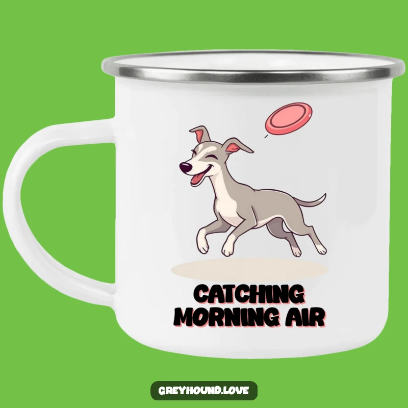 Funny Greyhound Camping Mug: Playful Frisbee Catch Cup!